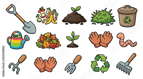 Fotografie Gardening and composting icons including shovel, watering can, rake, gloves, earthworm, and recycling symbol