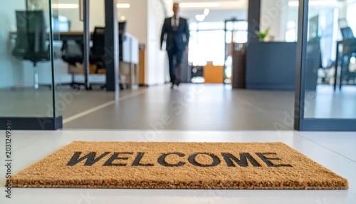 Brown Welcome Mat Placed at Modern Office Entrance