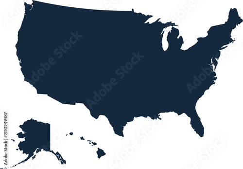 United States map silhouette in dark blue isolated on white background