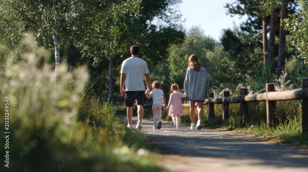 Fototapeta premium Family Stroll in Nature: A heartwarming scene of a family, parents and two young children, walking hand-in-hand on a sun-dappled path through a lush, green park, enjoying a peaceful outdoor excursion.
