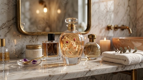 Exquisite decor showcasing perfume bottle amid plush textiles and warm candlelight ambiance