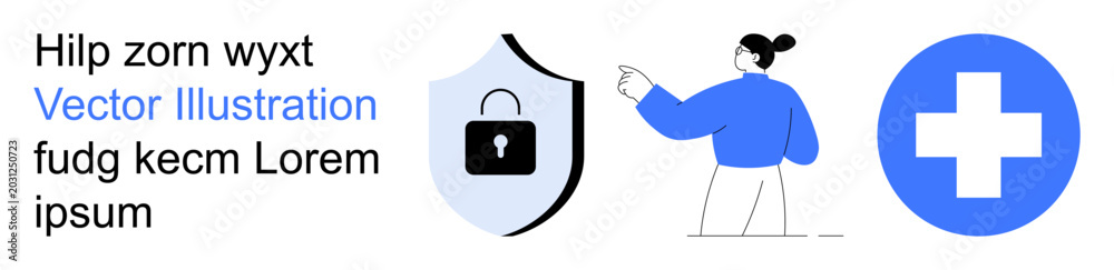 Fototapeta premium Cybersecurity, healthcare services, online protection, data privacy, digital health, medical tech. Shield lock, person pointing medical cross symbol. Cybersecurity and healthcare services concept