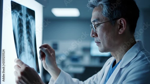 Doctor examines X-ray image in a dimly lit medical examination room.