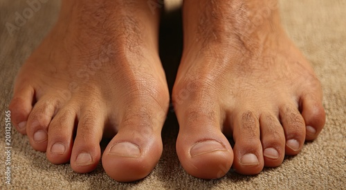 Close-up of two hairy human feet with natural toenails standing on a textured surface