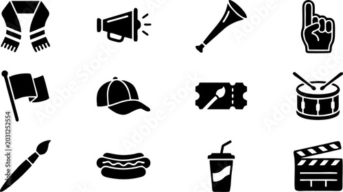 Soccer fan supporter gear and merchandise silhouette vector icon set