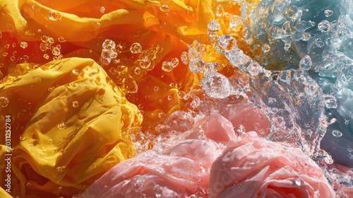 Vibrant, flowing fabrics in orange, pink, and blue hues, splashed with water