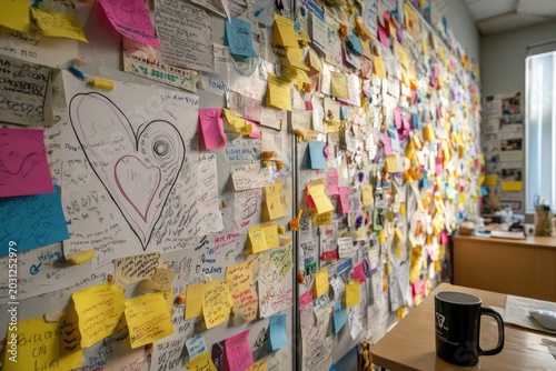 A large wall covered in colorful sticky notes, some with drawings