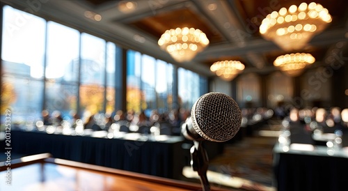 Microphone on a podium in a conference hall with attendees blurred in the background.