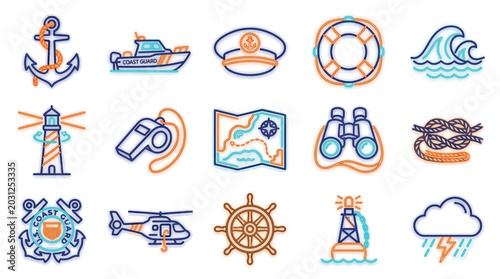 Tableau sur toile Collection of nautical and maritime icons representing sea travel, safety, and navigation elements