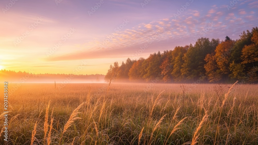 Fototapeta premium Misty morning meadow landscape with golden sunrise light.