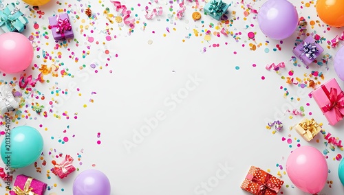 Colorful celebration with balloons, gifts, and confetti border