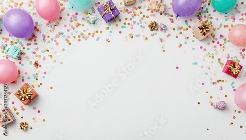 Festive celebration border with balloons, gifts, and confetti