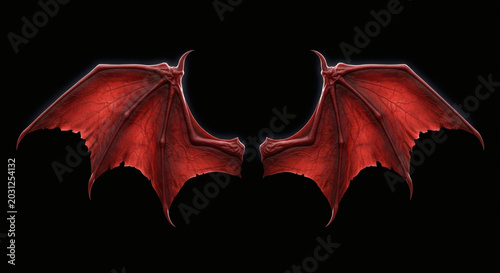 Detailed realistic red dragon wings spreading wide against a solid black background to showcase intricate textures and sharp anatomical features for fantasy character design concepts