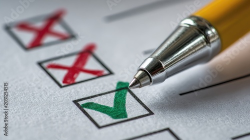 Pen marks a green check in a box on a paper list with red Xs