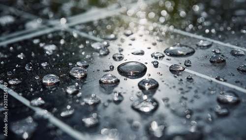 Macro view of water droplets on a dark, textured surface (1)