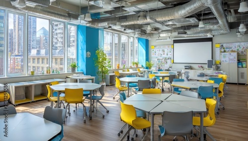 Modern, bright classroom with hexagonal tables, colorful chairs, and city view