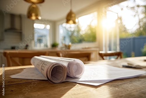 Rolled blueprints and papers lie on a wooden table in a sunlit kitchen