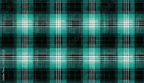 A repeating teal, black, and white plaid pattern with a textured, slightly faded appearance