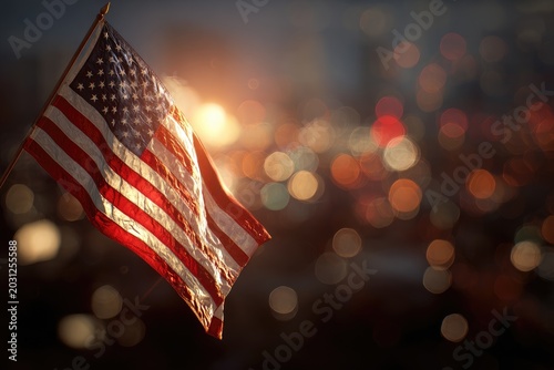Waving flag against a bokeh city skyline at sunset