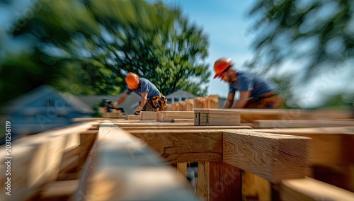 Workers in hard hats framing a wooden structure under a clear sky