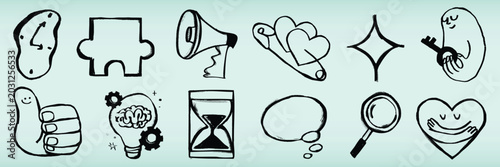 Tableau sur toile Vector of various hand-drawn icons: puzzle, megaphone, heart, lightbulb, magnifying glass