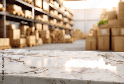 Marble surface with blurred warehouse full of boxes, shelves, sunlight