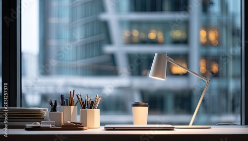 Modern Desk Setup with Lamp and Coffee Overlooking Cityscape at Dusk.