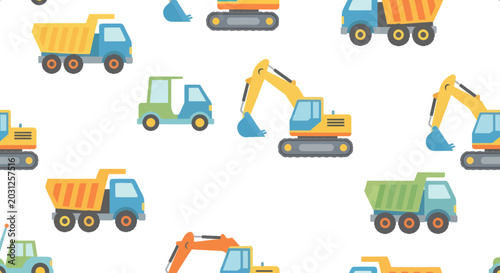 Cute Construction Vehicles Seamless Pattern: Dump Trucks & Excavators