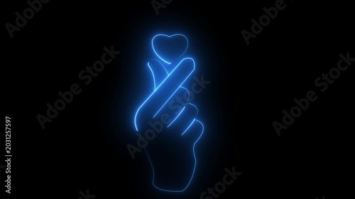 Blue Neon Heart Finger Gesture on Black Background hand love
