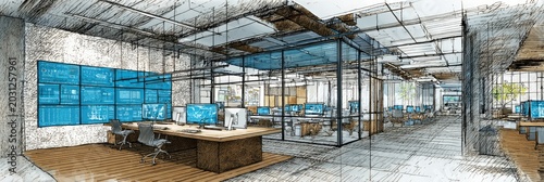 Architectural sketch of a modern office with a large screen wall and workstations