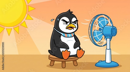 Cartoon penguin sitting on stool enjoying fan on hot sunny day