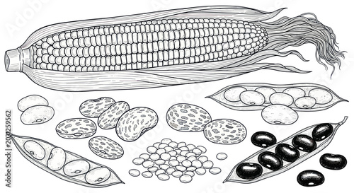 Foto Variety of corn and seeds displayed.