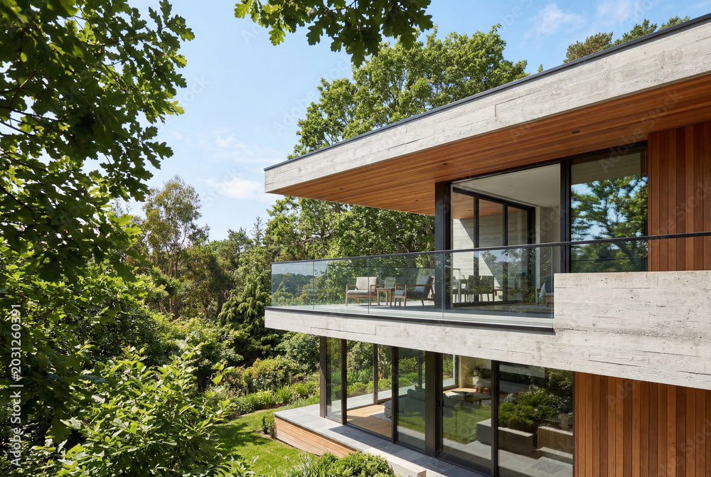 Fototapeta premium Modern architectural house exterior with wood cladding and glass balcony
