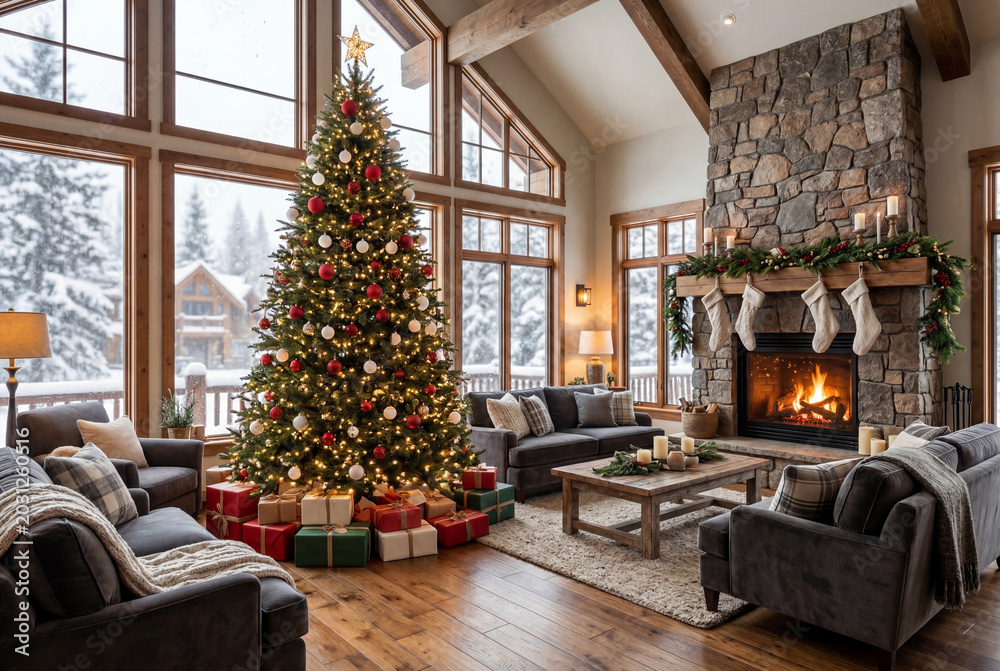 Fototapeta premium Cozy living room interior with christmas tree and fireplace