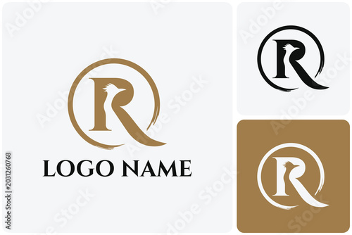 A creative graphic illustration of a corporate logo design featuring a roadrunner bird silhouette nested within a serif letter R, enclosed by an artistic circular brushstroke frame.