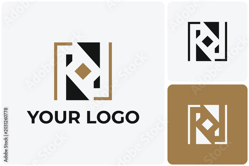 A modern abstract graphic illustration of a geometric monogram logo consisting of interlocking linear letters r arranged symmetrically inside a square shape template.