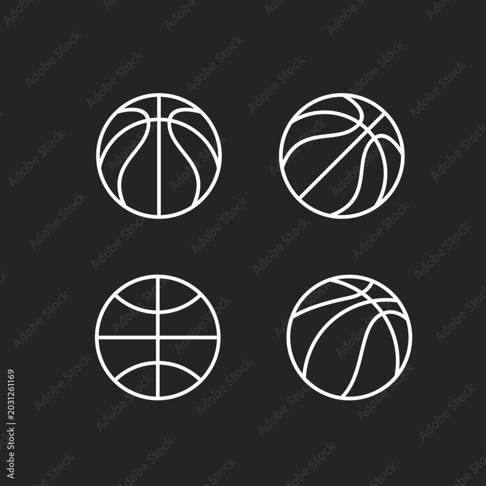 Obraz premium Set of Minimalist Basketball Outline Icons: Four Vector Illustrations of Sport Balls