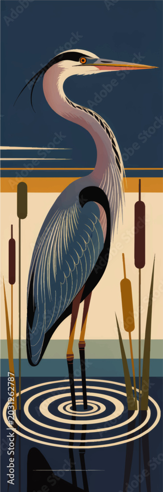 Naklejka premium Elegant blue heron illustration standing in calm marsh water with cattails, modern minimalist wildlife art for nature wall decor