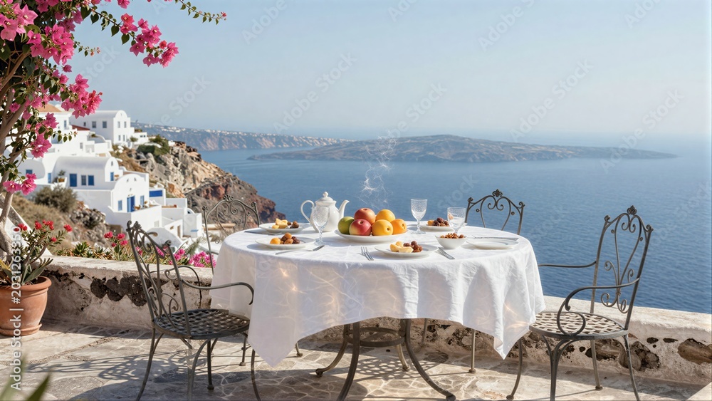 Fototapeta premium Cozy table set for breakfast overlooking Greek islands with vibrant