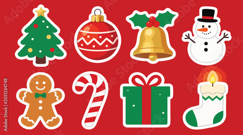 Christmas Sticker Icon Set Vector Illustration, Festive Holiday Elements Collection