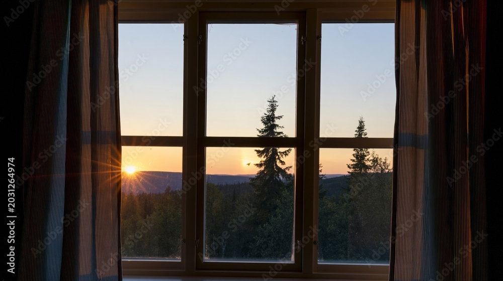Fototapeta premium Window view of a serene sunset over a dense forest with pine trees