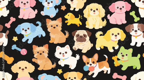 Quadro su tela Cute Dogs Seamless Pattern, Hand Drawn Puppy Clipart Vector on Black Background