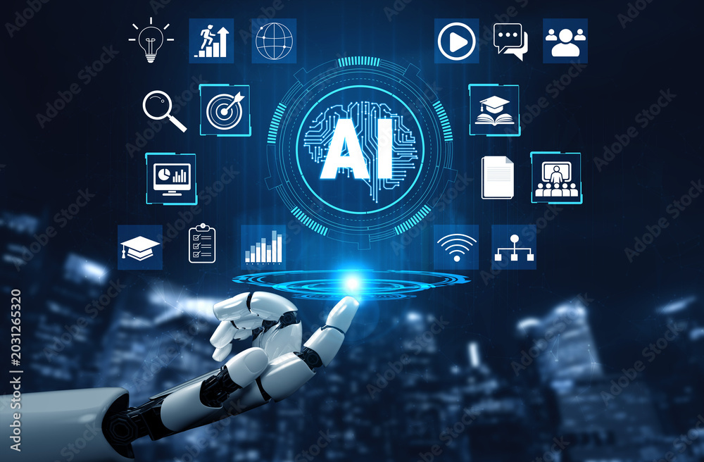 Fototapeta premium Futuristic Robotic Hand Showcasing Artificial Intelligence Concepts and Data Visualization Against a Night Cityscape Background Quark.