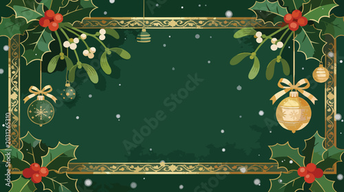 Elegant Deep Green Winter Background with Holly Mistletoe and Gold Ornaments Frame