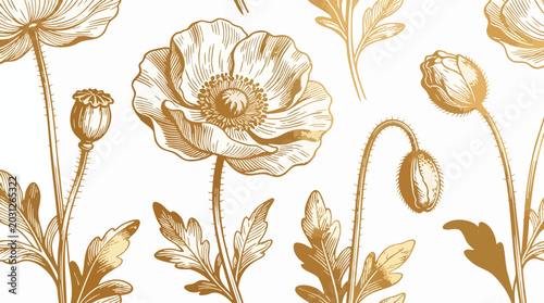 Quadro su tela Elegant Gold Poppy Flower Hand Drawn Vector, Natural Botanical Floral Line Art