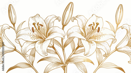Quadro em tela Elegant Golden Lily Hand-Drawn Vector - Luxury Botanical Floral Art on White