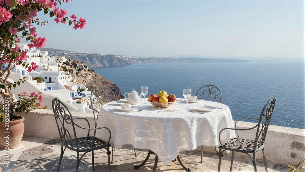 Fototapeta premium Cozy table set for breakfast overlooking Greek islands with vibrant