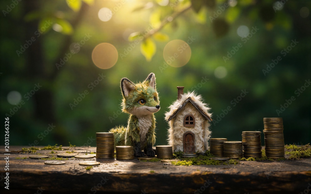 Naklejka premium A fox with green fur sits beside a tiny house and stacks of coins in