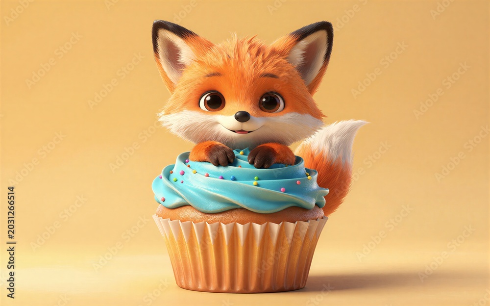 Naklejka premium Adorable fox peeking out of a blue-frosted cupcake with colorful