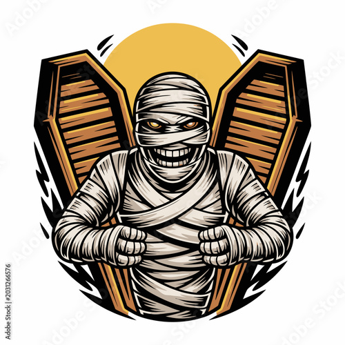 Tableau sur toile Mummy Emerging From Coffin Angrily Wrapped.